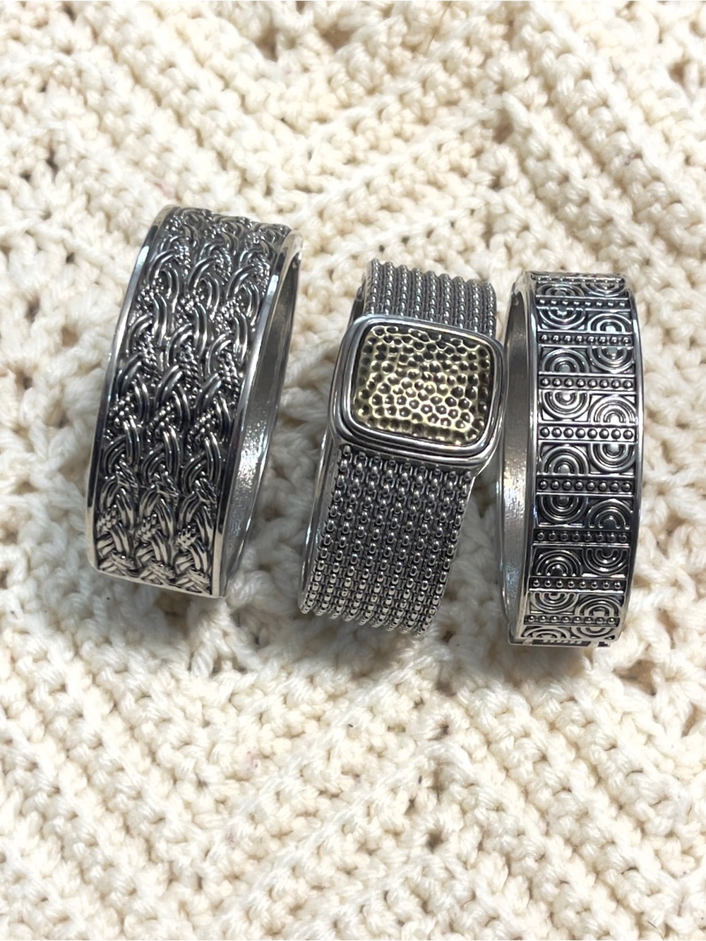 3 Silver Tone Clamper Bracelets basket weave & geometric